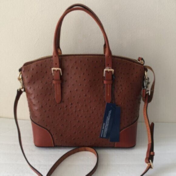 Dooney & Bourke Ostrich Domed Satchel Cognac Shoulder Leather Handbag Purse - Picture 4 of 14